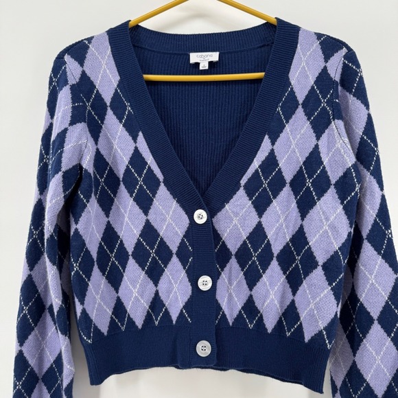 90s Womens Argyle Eclectic Grandpa Purple Cottage Core Button Up VNeck Cardigan - Picture 2 of 7